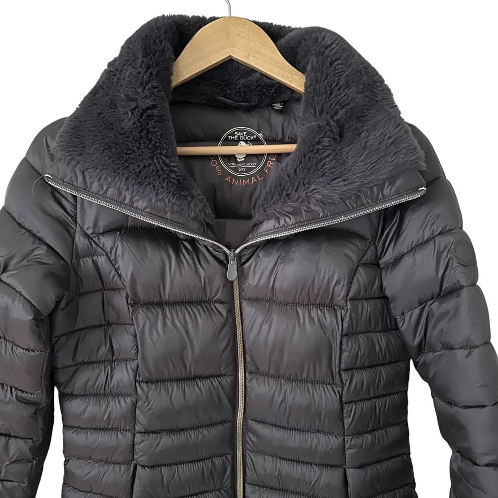Save the Duck 100% Animal Free Dark Grey Full Zip Long Puffer Jacket Size‎ XS